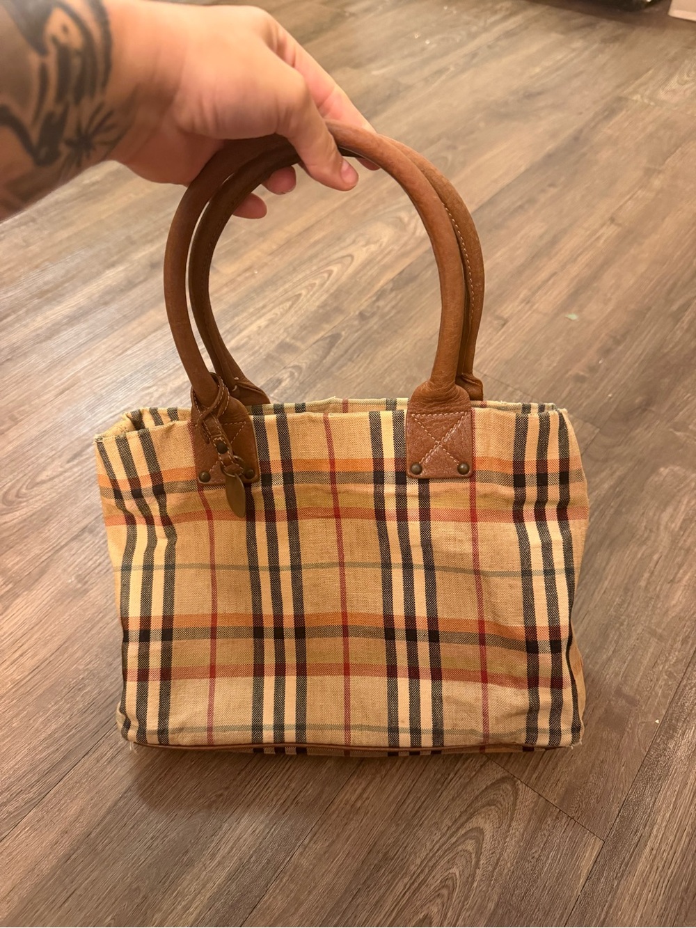 Burberry Classic Plaid Tote Bag with Brown Leather Handles